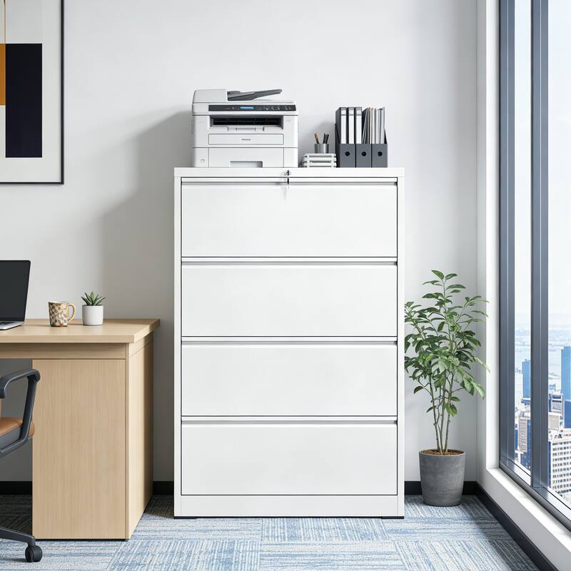 4 Drawer Lateral File Cabinet, Heavy Duty Metal Filing Cabinet, 35.4 Inch Wide Locking File Cabinet for Home Office