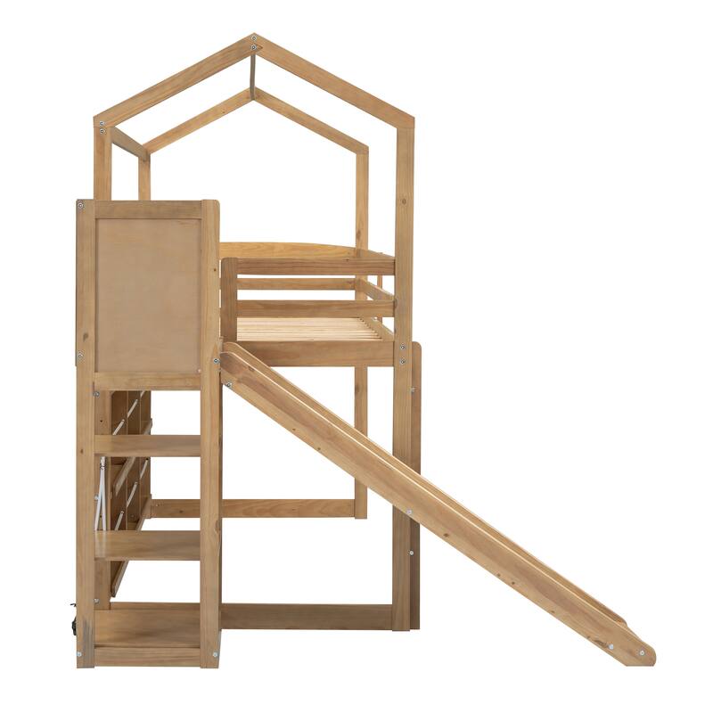 Wooden Playhouse Loft Bed with Trundle, Slide, and Storage Shelves