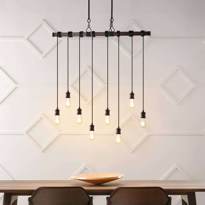 Zoey 40" 8-Light Vintage Driftwood Iron LED Linear Chandelier with Height Adjustable Bulbs, Brown Wood/Black , by JONATHAN Y
