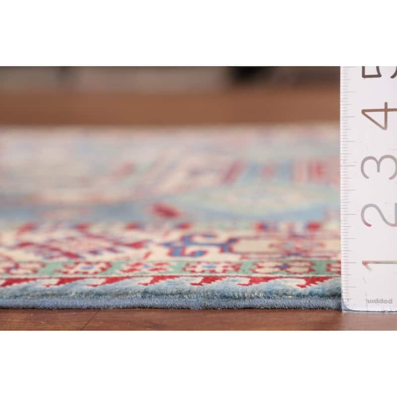 Light Blue Geometric Kazak Area Rug Hand-Knotted Wool Carpet - 4'0" x 5'10"