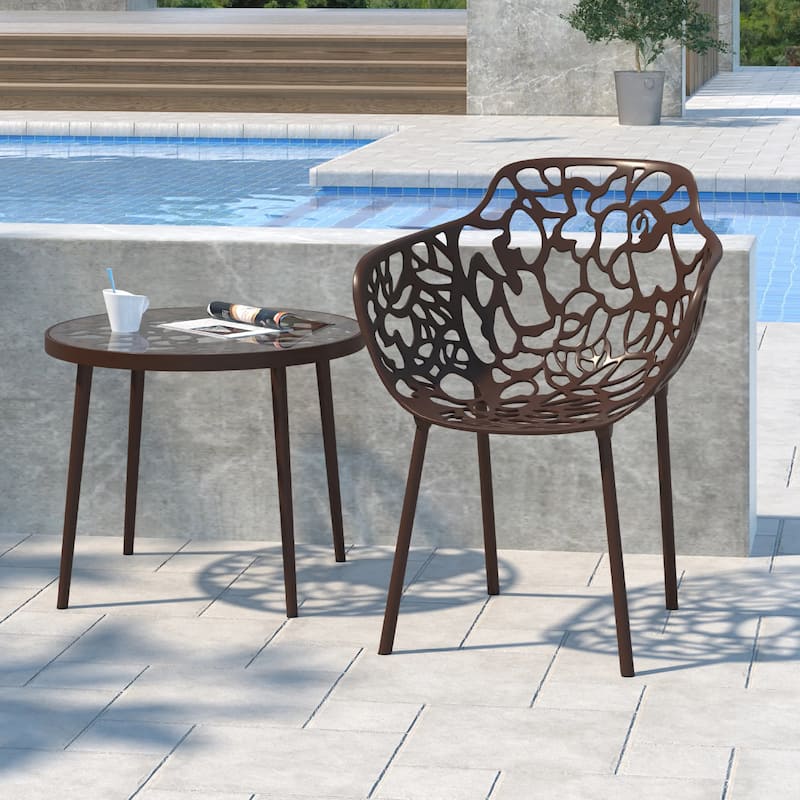 Devon Decorative Modern Floral Cutout Glass Top Patio Coffee Side Table with Aluminum Frame for Indoor Outdoor - 23 x 23