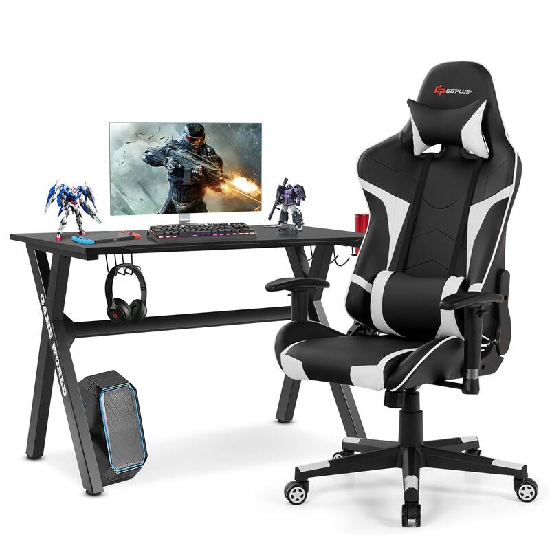 X-Shaped Gaming Desk & Racing Style Massage Chair Set Home Office - Black+ White