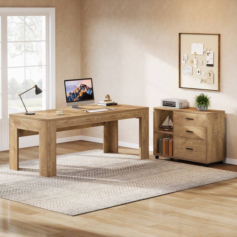 63" L Shaped Executive Office Desk with Mobile Lateral File Cabinet