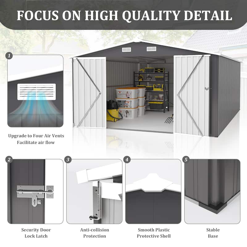10X14 FT Outdoor Storage Shed with 3 Lockable Doors, 4 Vents