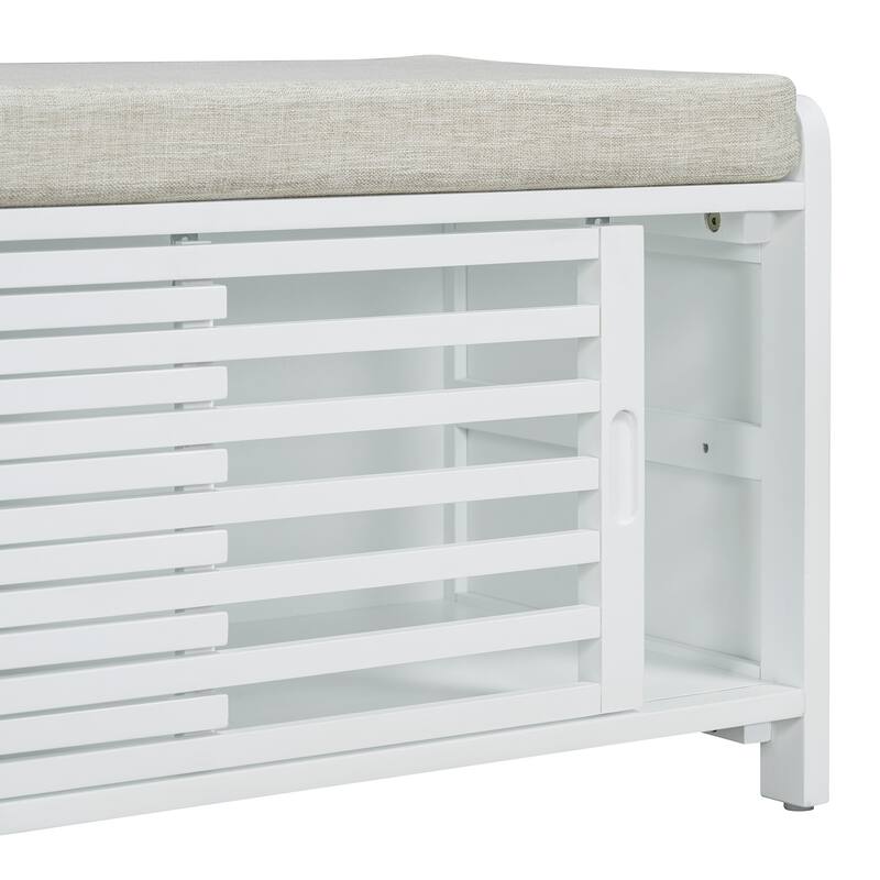 Shoe Storage Bench Entryway Bench with Cushion, Sliding Door
