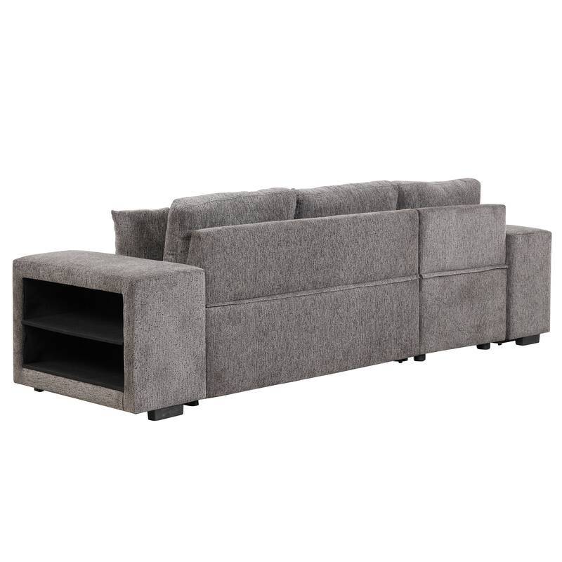 104.5" Linen L-Shaped Sectional Sofa with Pull-Out Bed and Storage Chaise, Includes 2 Stools