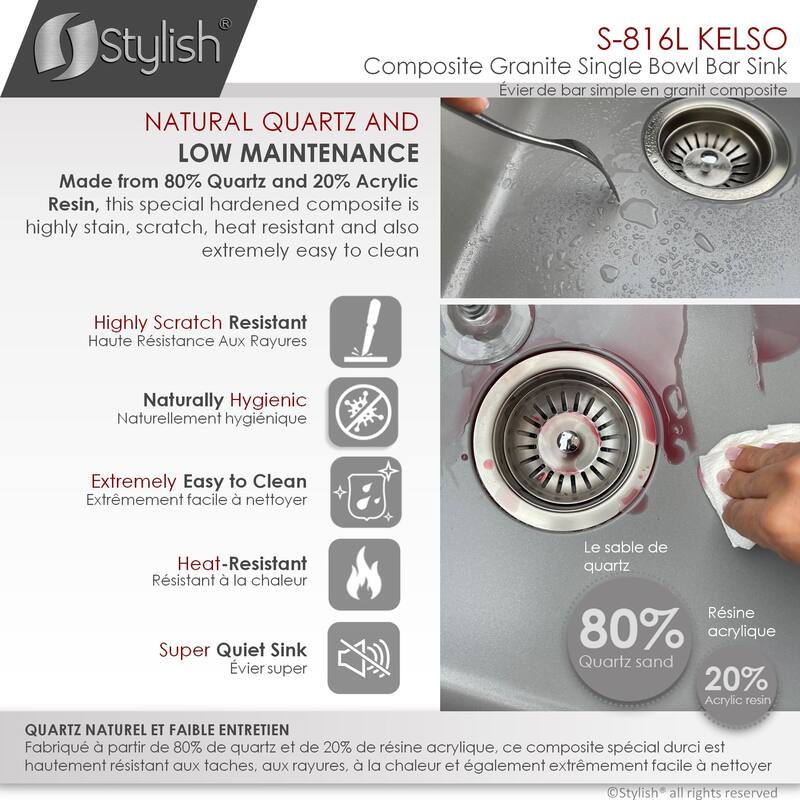 STYLISH 15.5 inches L x 17.5 inches W Dual Mount Single Bowl Composite Granite Kitchen Sink with Strainer - 15.5" x 17.5" x 8.5"