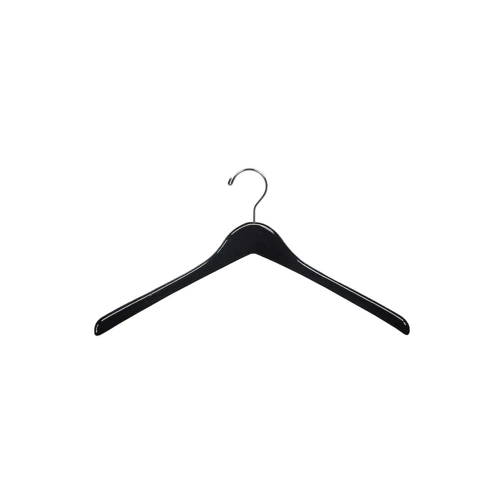 Black Contoured Wooden Top/Coat Hanger, 17" Length x 1/2" Thick, Chrome Hook Box of 25