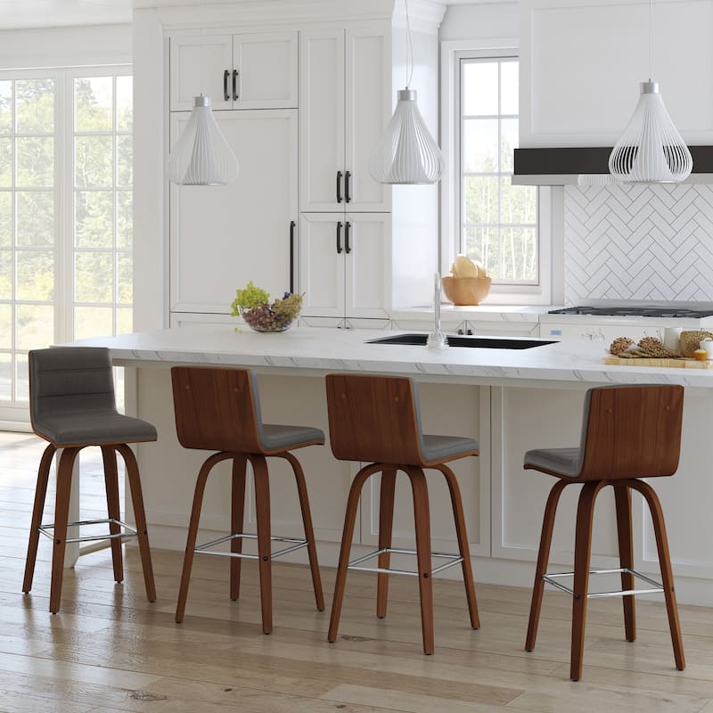 Skara Mid-Century Swivel Counter Stool, Upholstered Counter Height Chair with Bentwood Legs - Grey & Walnut