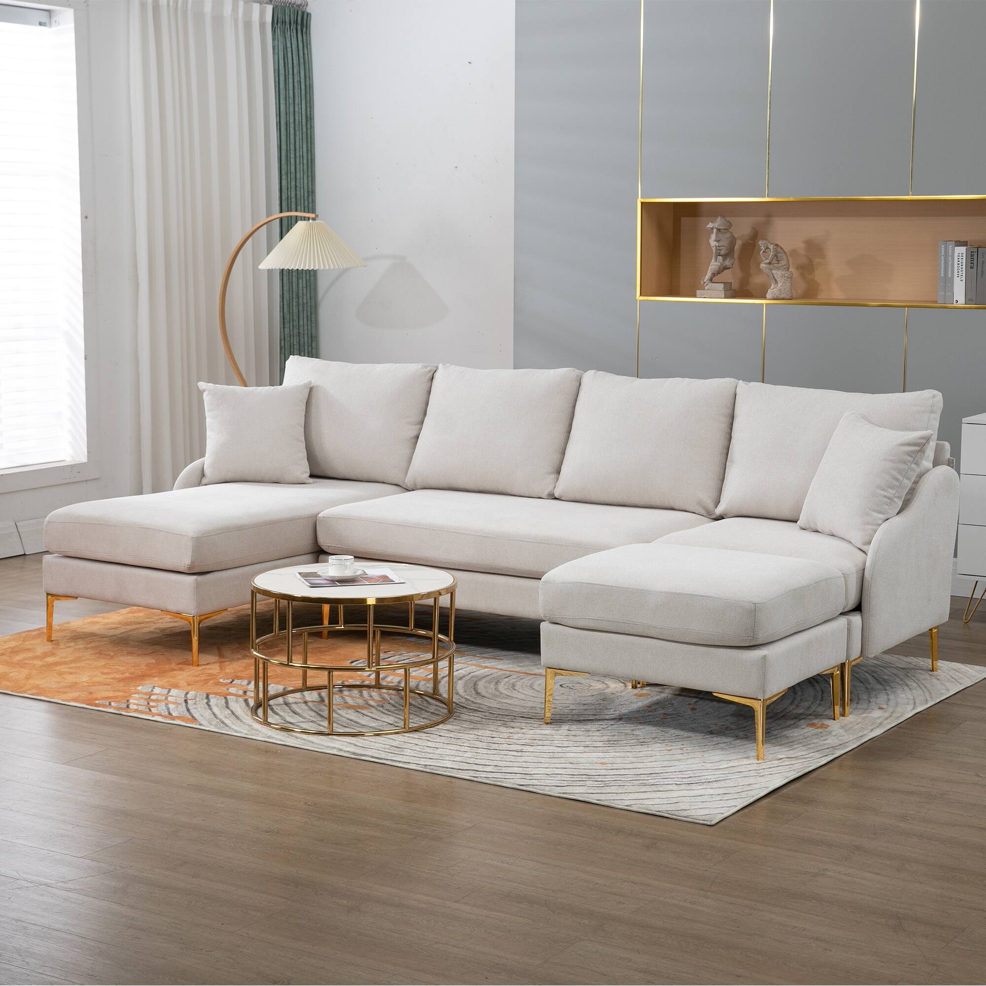 Beige Polyester U-Shape Sectional Sofa with Customizable Chaise Lounge ...