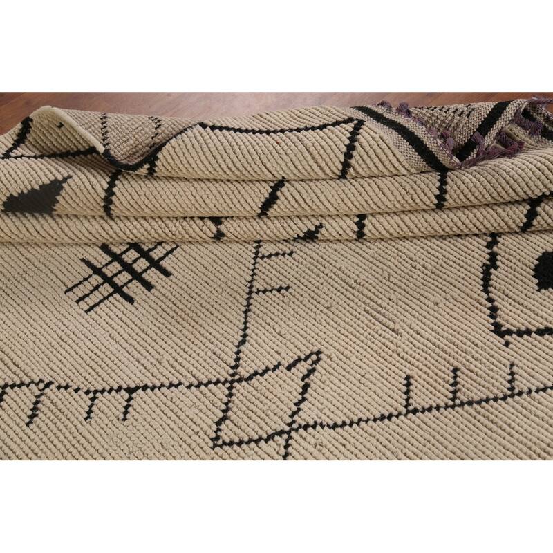 Moroccan Oriental Area Rug Hand-Knotted Beige Geometric Wool Carpet - 8'10"x 12'5"