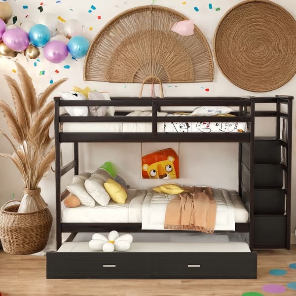 slide 2 of 12, Multifunctional Design Full over Full Bunk Bed with Twin Size Trundle and Staircase Espresso