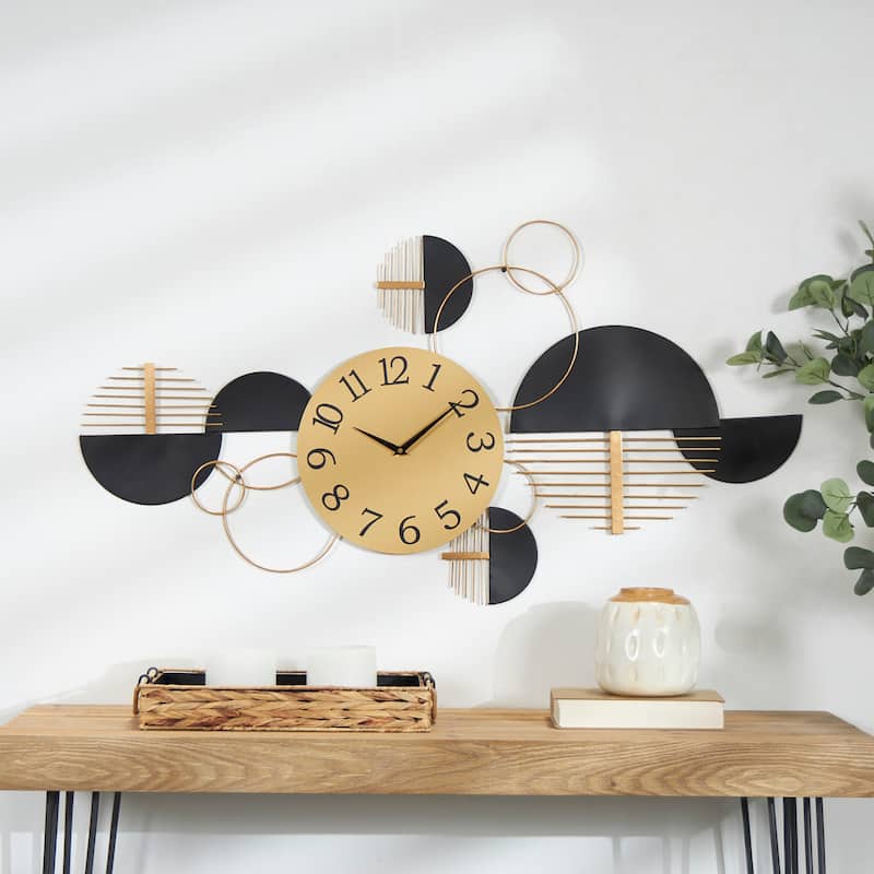 Metal Geometric Half Moon Wall Clock with Adjustable Clock Face - Black - Roche River Decor - 1"W x 44"L x 23"H