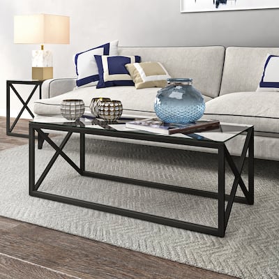 Dixon Geometric X-Base Metal & Glass Coffee Table (Optional Finishes)