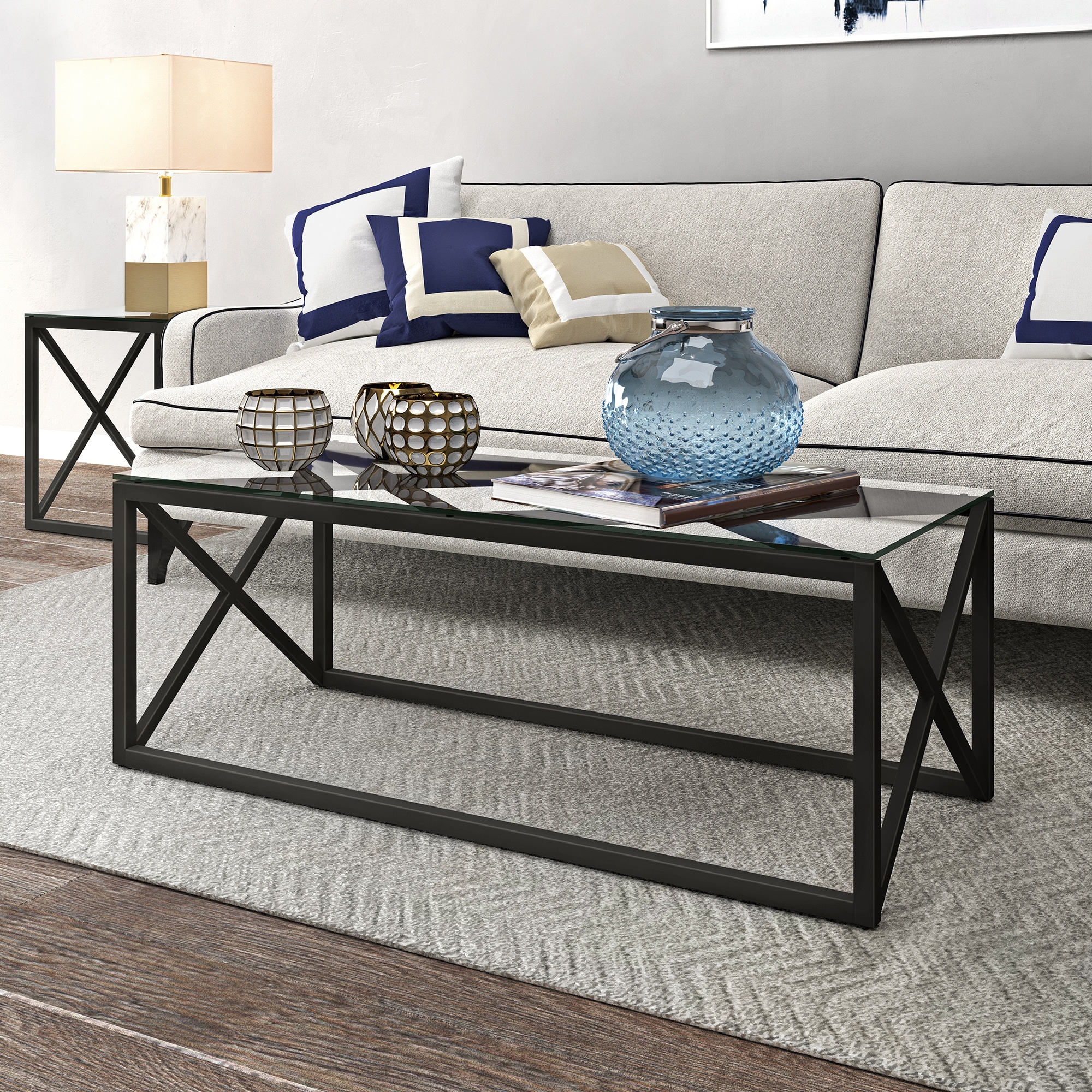 Dixon Geometric X-Base Metal & Glass Coffee Table (Optional Finishes)
