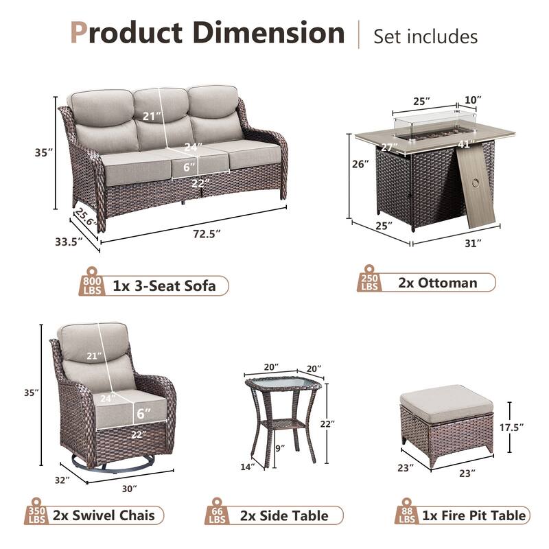Pocassy Outdoor 6 Inch Sofa Chair Ottoman with Fire Pit Table Set