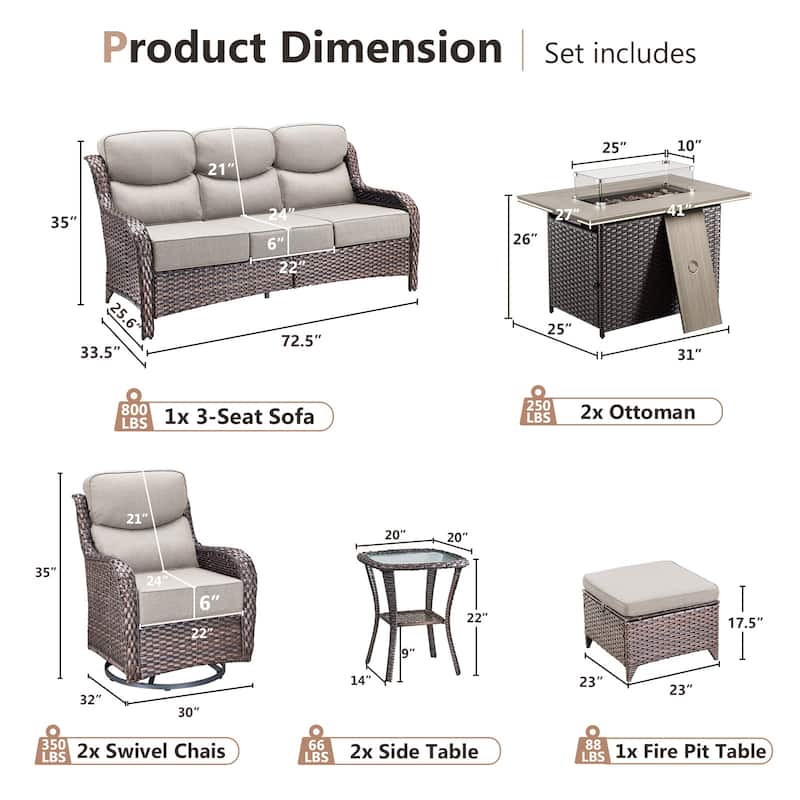 Pocassy Outdoor 6 Inch Sofa Glider Chairs Ottoman with Fire Table Set