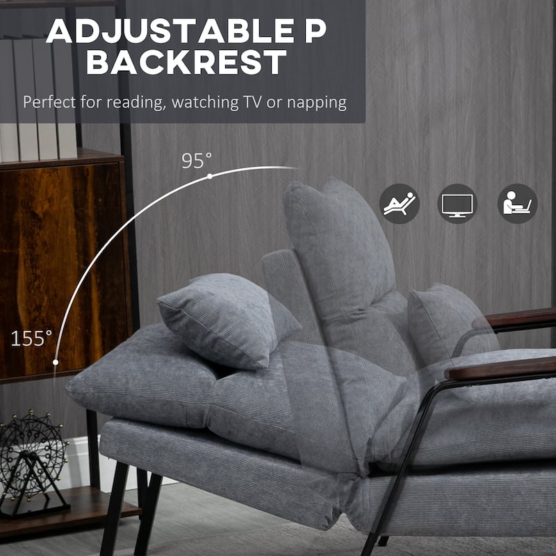HOMCOM Accent Chair with Ottoman, Reclining Comfy Chair with Adjustable Backrest, Steel Frame and Pillow, Light Grey