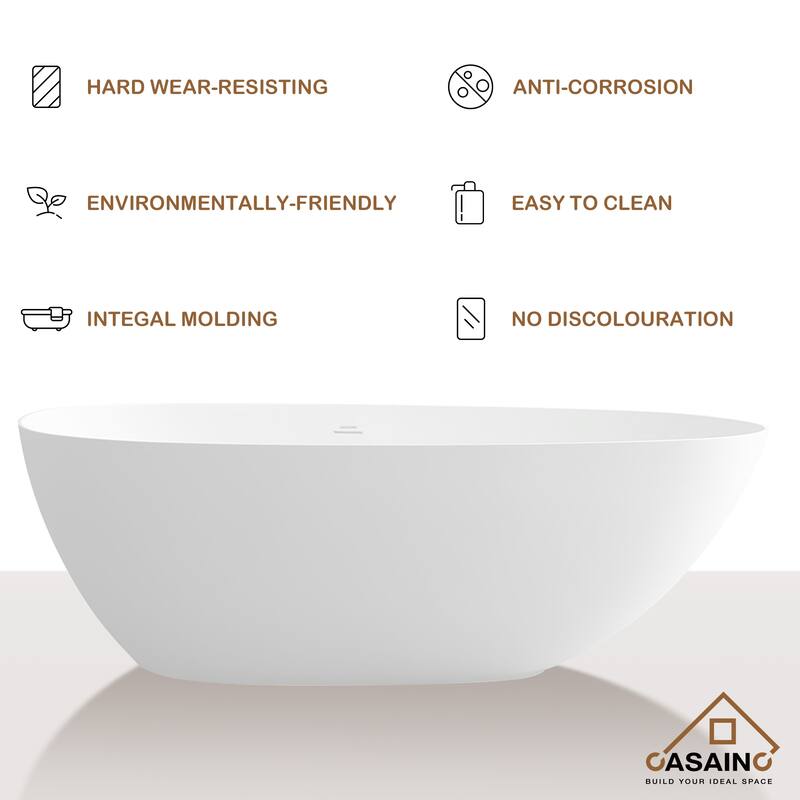 63 in. x 22 in. Solid Surface Stone Resin Stand Alone Freestanding Soaking Bathtub in White with Center Drain
