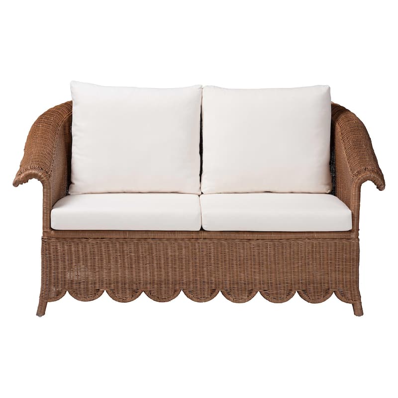 Detta Natural Rattan Loveseat with Cushion - Handwoven Wicker Settee with Rolled Arms and Scalloped Skirt Base