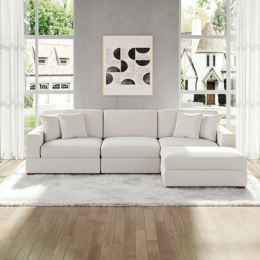 Modular Corduroy Sectional Sofa Set Chaise Couch with Ottoman