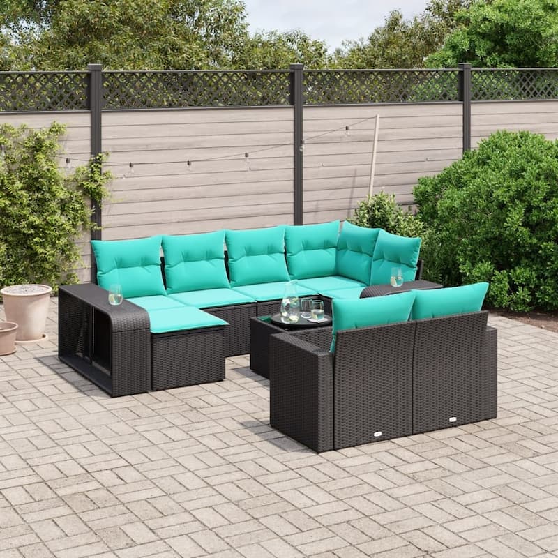 vidaXL Patio Sofa Set with Cushions Sectional Sofa Conversation Set Poly Rattan - 24.4" x 24.4" x 27.2" - Black and blue-with glass table