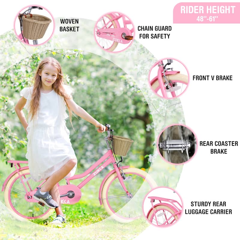 20 Inch Girls Bike with Basket, Single Speed Steel Frame, Front V-Brake & Rear Coaster Brake, Ages 7-10