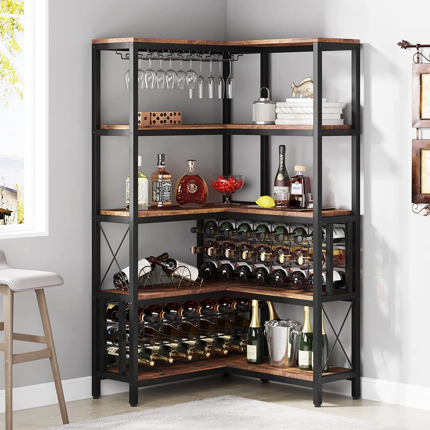 Large Corner Wine Rack, 5-Tier L Shaped Industrial Freestanding Floor Bar  Cabinets for Liquor and Glasses Storage - On Sale - Bed Bath & Beyond -  36544483