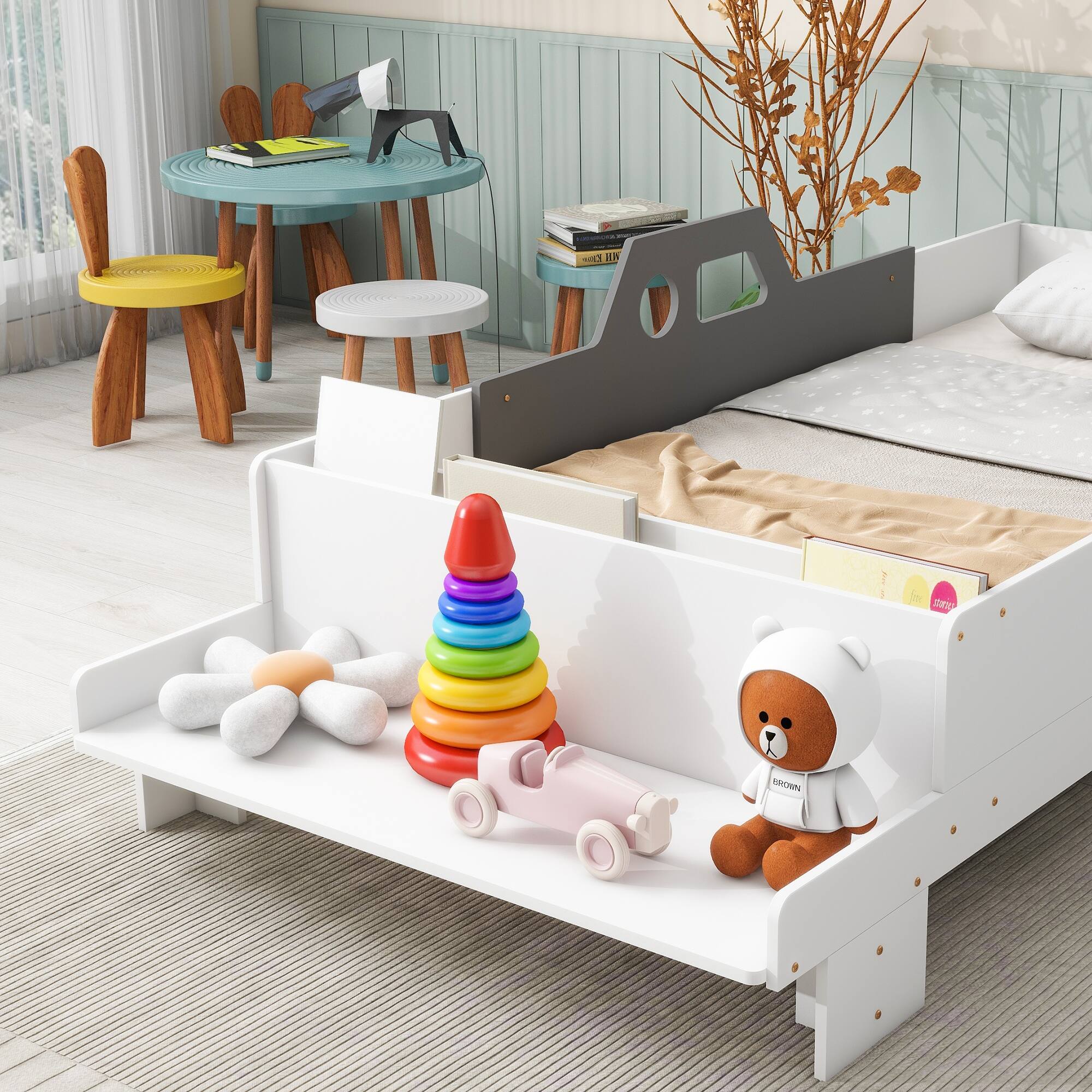 CarShaped Twin Bed with Builtin Book Storage Bench HighQuality Pine Wood Construction Bed