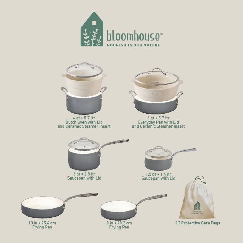 Bloomhouse 12 Piece Aluminum Enamel Cookware Set w/ Non-stick Non-toxic Ceramic Interior and Ceramic Steamer Insert