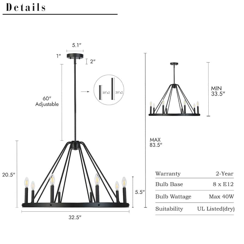 Modern Classic 8-Light Chandelier Matte Black Circular Light Fixture for Dining Room - 32.5 " × 20.5 "