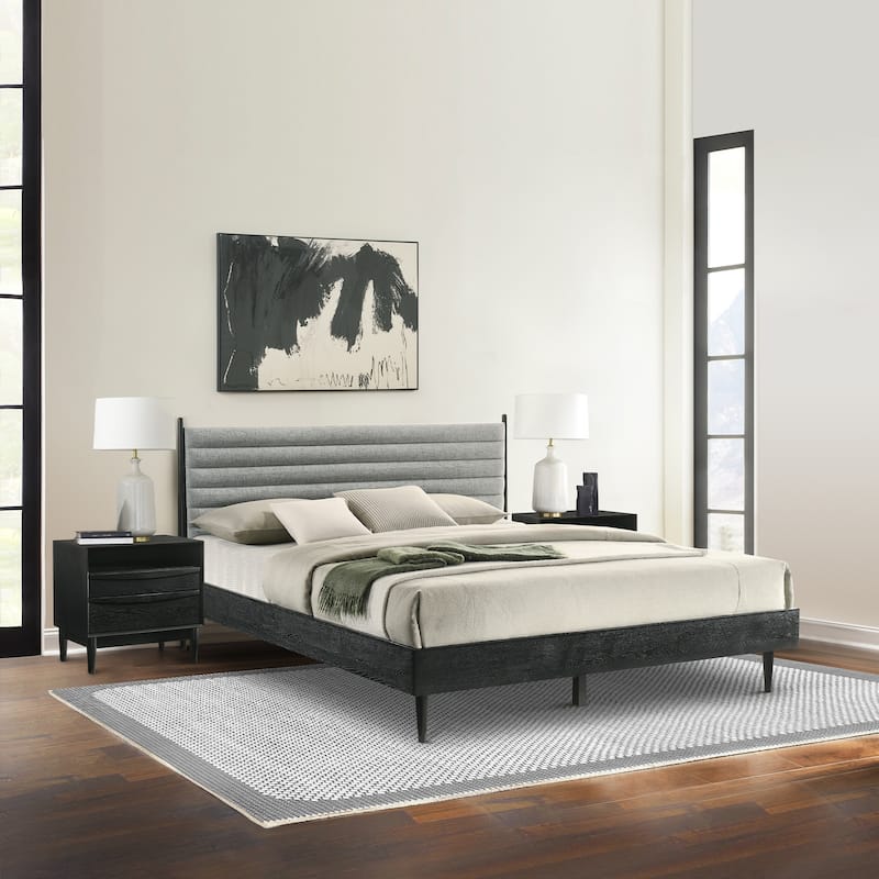 Artemio Black or Walnut Wood 3 Piece Bedroom Set with Grey Upholstered Headboard - Black - King