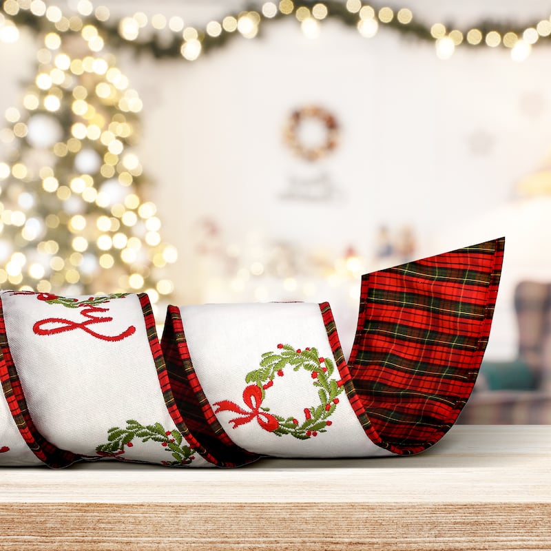 4"x 5Y "Joy" Wreath Dupion Plaid Back Ribbon