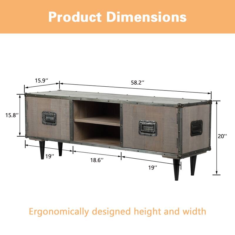 ExBrite Solid Wood Media Console 2 Doors Back Black Metal Legs for TV Table Bench Stand,Gray Wash Finish - 59" x 16" x 21"
