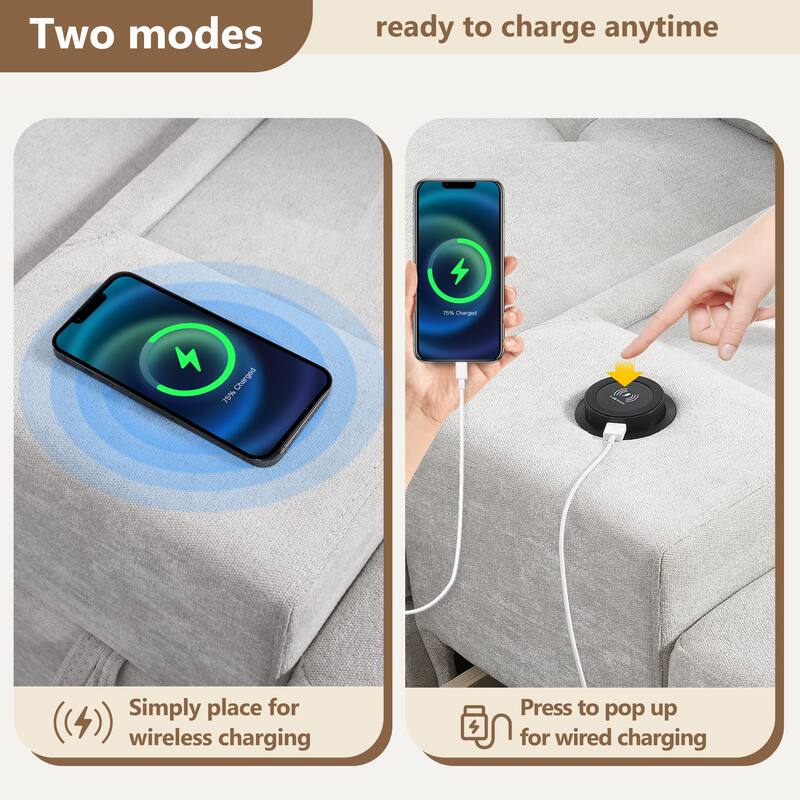 104" Chenille U-Shaped Sectional Sofa with Acrylic Table Tops 2 Consoles Storage Drawers USB Charging Movable Ottoman