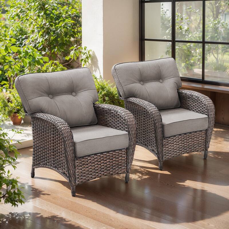 TWrap Brown Wicker Patio Armchairs with 5-Inch Thick Cushions (2-Pack) - Brown/Gray - 2-Piece
