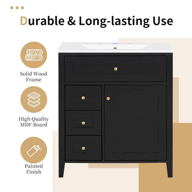 30-Inch Bathroom Vanity with Sink, MDF and Solid Wood Cabinet, 3 Drawers and Adjustable Shelf, Freestanding Design