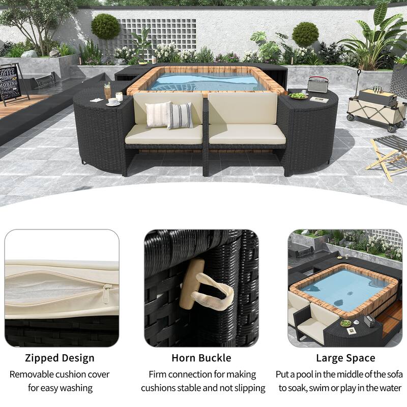 Outdoor Rattan Spa Frame Conversation Sofa Set with Storage & Wooden Bench
