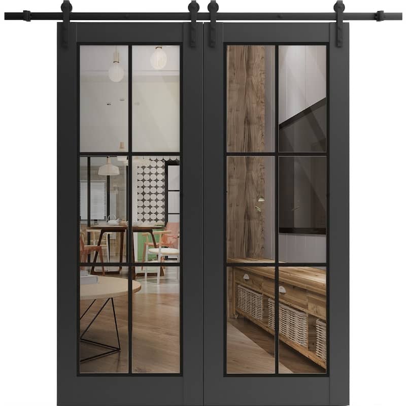 Sturdy Double Barn Door 36 x 80 Lucia 2366 Matte Black Clear Glass 13FT - Black - 56" x 84" ( 2* 28x84)