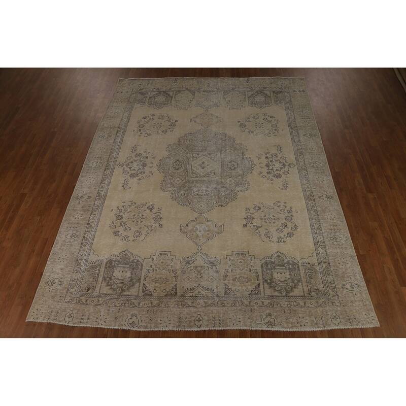 Geometric Beige Tabriz Persian Vintage Rug Handmade Wool Carpet - 8'11" x 11'5"