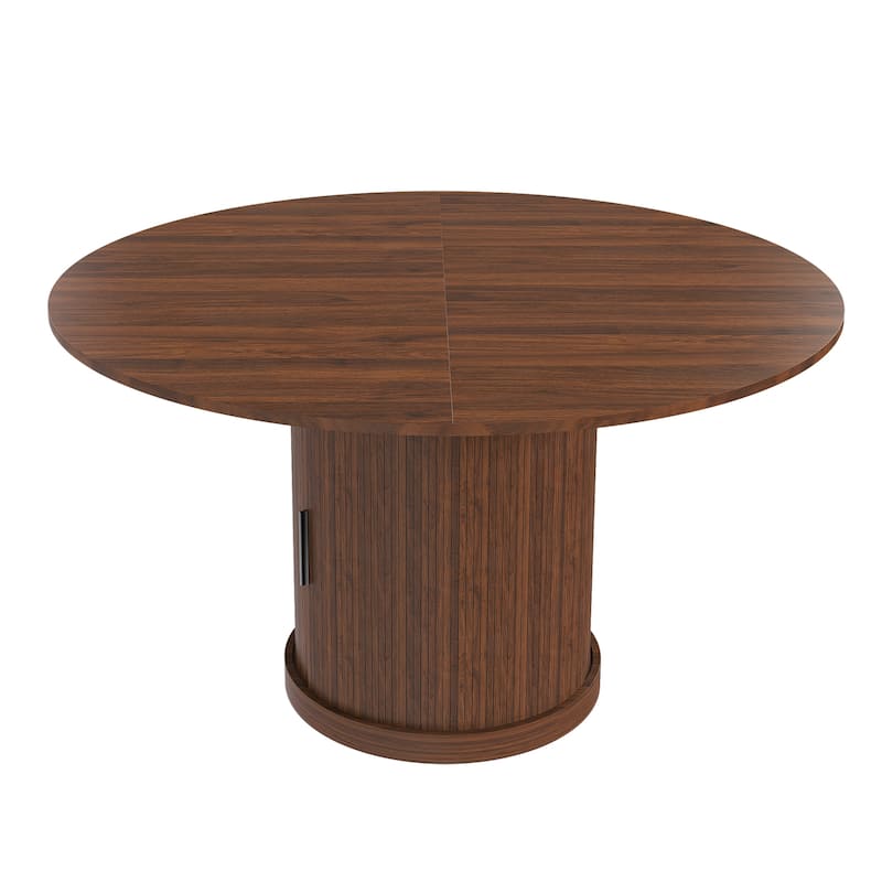 59" Extendable Oval Dining Table with 2-Tier Storage for 4-6, Walnut Finish & Pedestal Base