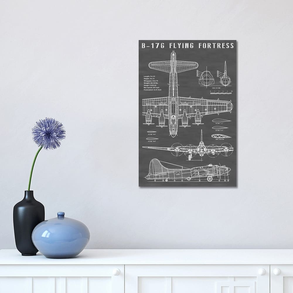iCanvas "B-17 Vintage Bomber Airplane In Black" by Action Blueprints Canvas Print