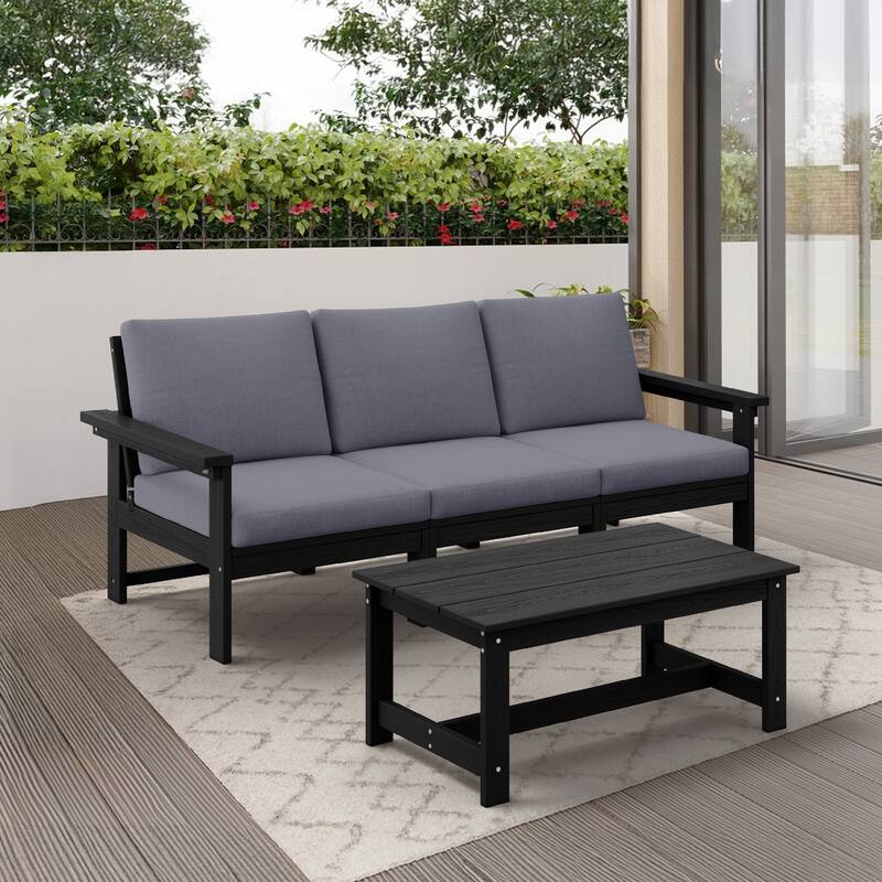 Outdoor Patio HDPE 3-Seat Sofa and Coffee Table Set, Removable Cushions Included