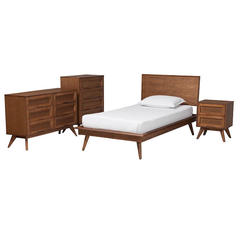 Melora Mid-Century Modern Walnut Brown Finished Wood and Rattan 3-Piece/4-Piece/5-Piece Bedroom Set (Multiple Bed Sizes) - Twin - 4 Piece