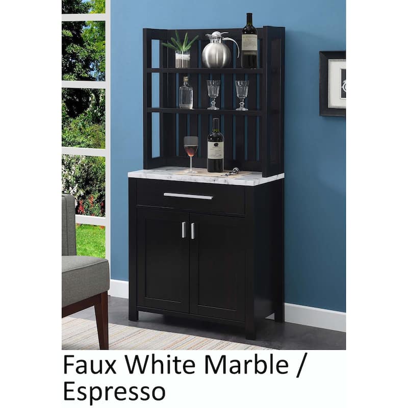Convenience Concepts Sawyer 1 Drawer Wine Bar with Storage Cabinet and Shelves - Faux White Marble / Espresso