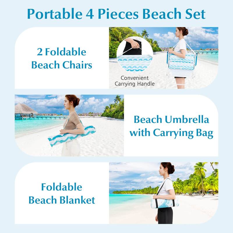 Costway 4 PCS Beach Umbrella Set with 2 Foldable Chairs & Picnic - See Details