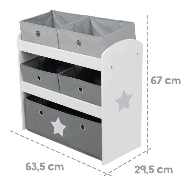 Roba Play Shelf - Grey Stars - Children's Multi-Bin Toy Organizer, Shelf Storage Cabinet With 5 Fabric Boxes, Boys & Girls