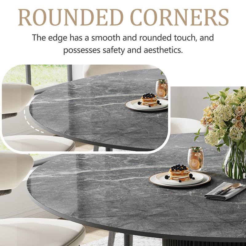 59" Modern Round Dining Table for 6-8, Glossy White Sintered stone Table top, Steel Grille column base