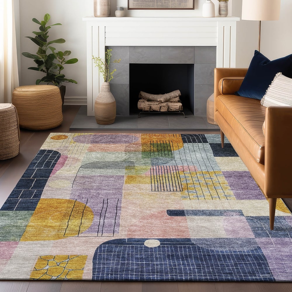 Machine Washable Indoor/ Outdoor Abstract Contemporary Chantille Rug