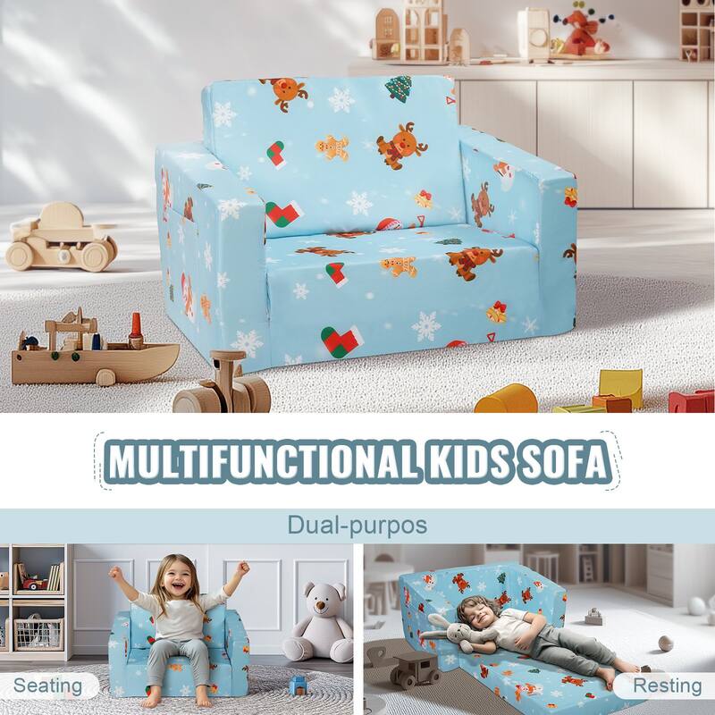 Sky Blue Foam Foldable Kids Sofa Bed with Printed Fabric and Zippers - 40.94” L x 22.83” W x 12.60” H